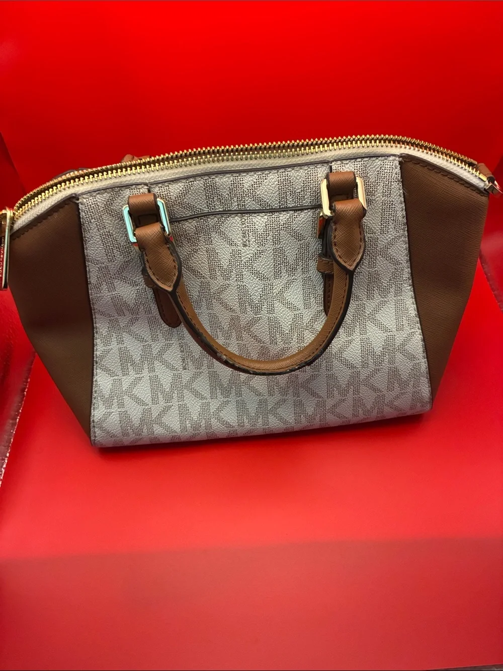 Michael Kors Brown and Beige Logo Satchel with Gold Hardware needs strap
